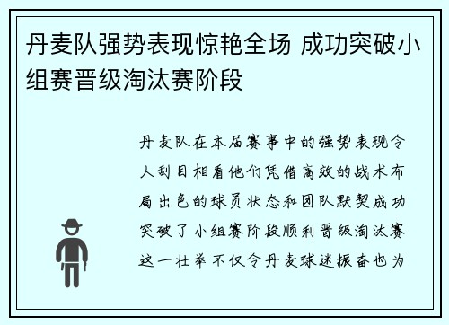 丹麦队强势表现惊艳全场 成功突破小组赛晋级淘汰赛阶段