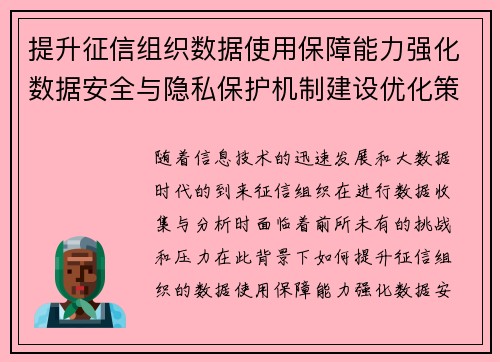 提升征信组织数据使用保障能力强化数据安全与隐私保护机制建设优化策略