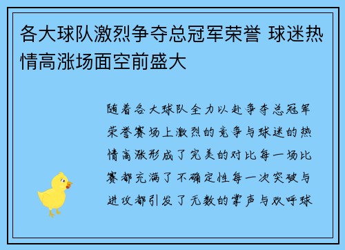 各大球队激烈争夺总冠军荣誉 球迷热情高涨场面空前盛大