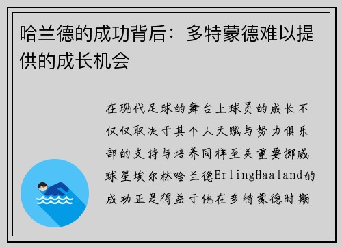 哈兰德的成功背后：多特蒙德难以提供的成长机会
