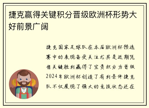 捷克赢得关键积分晋级欧洲杯形势大好前景广阔
