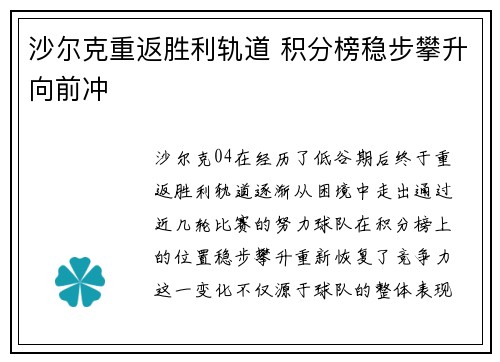 沙尔克重返胜利轨道 积分榜稳步攀升向前冲