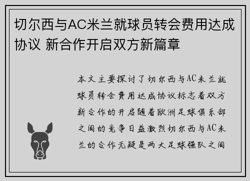 切尔西与AC米兰就球员转会费用达成协议 新合作开启双方新篇章